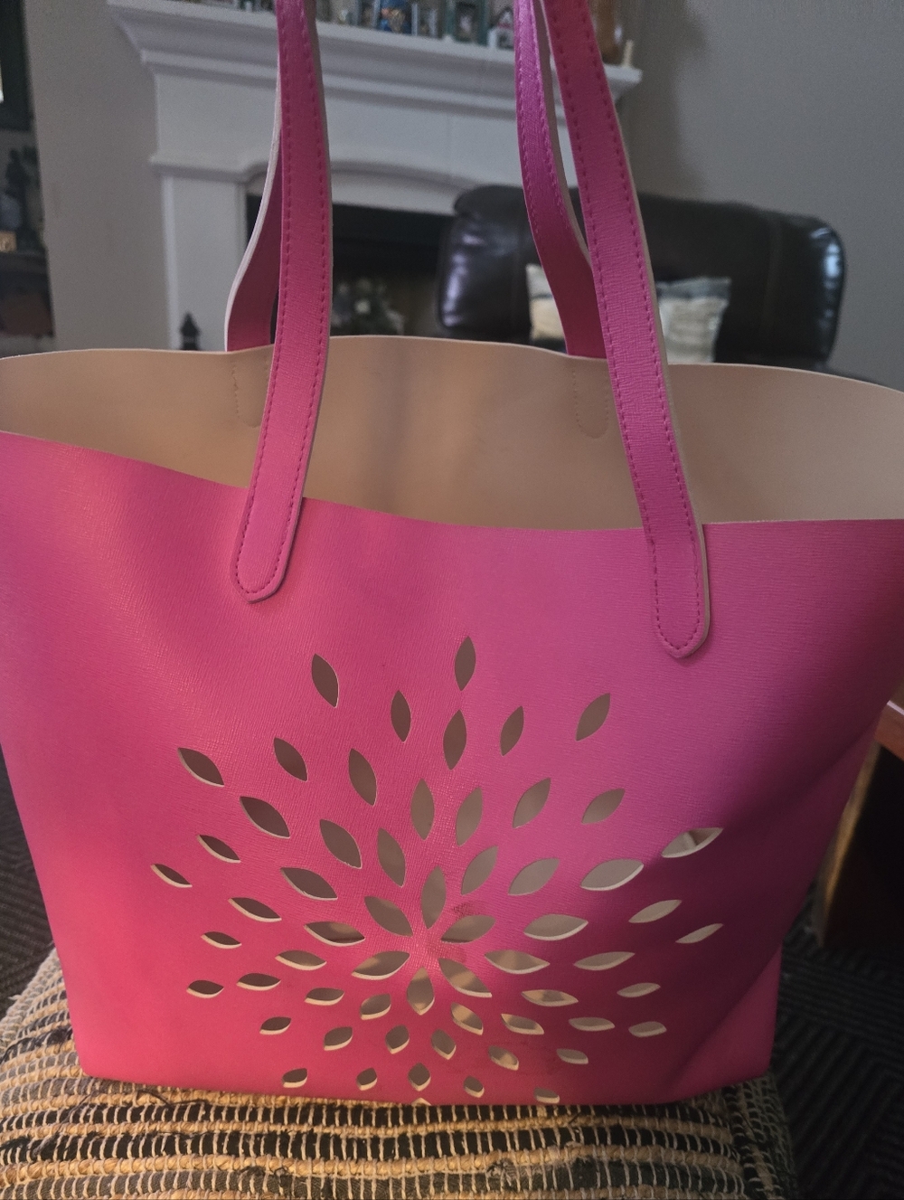 Hot Pink Floral Cutout Tote with Neutral Lining 13' Height 20' Lenght 7 Width